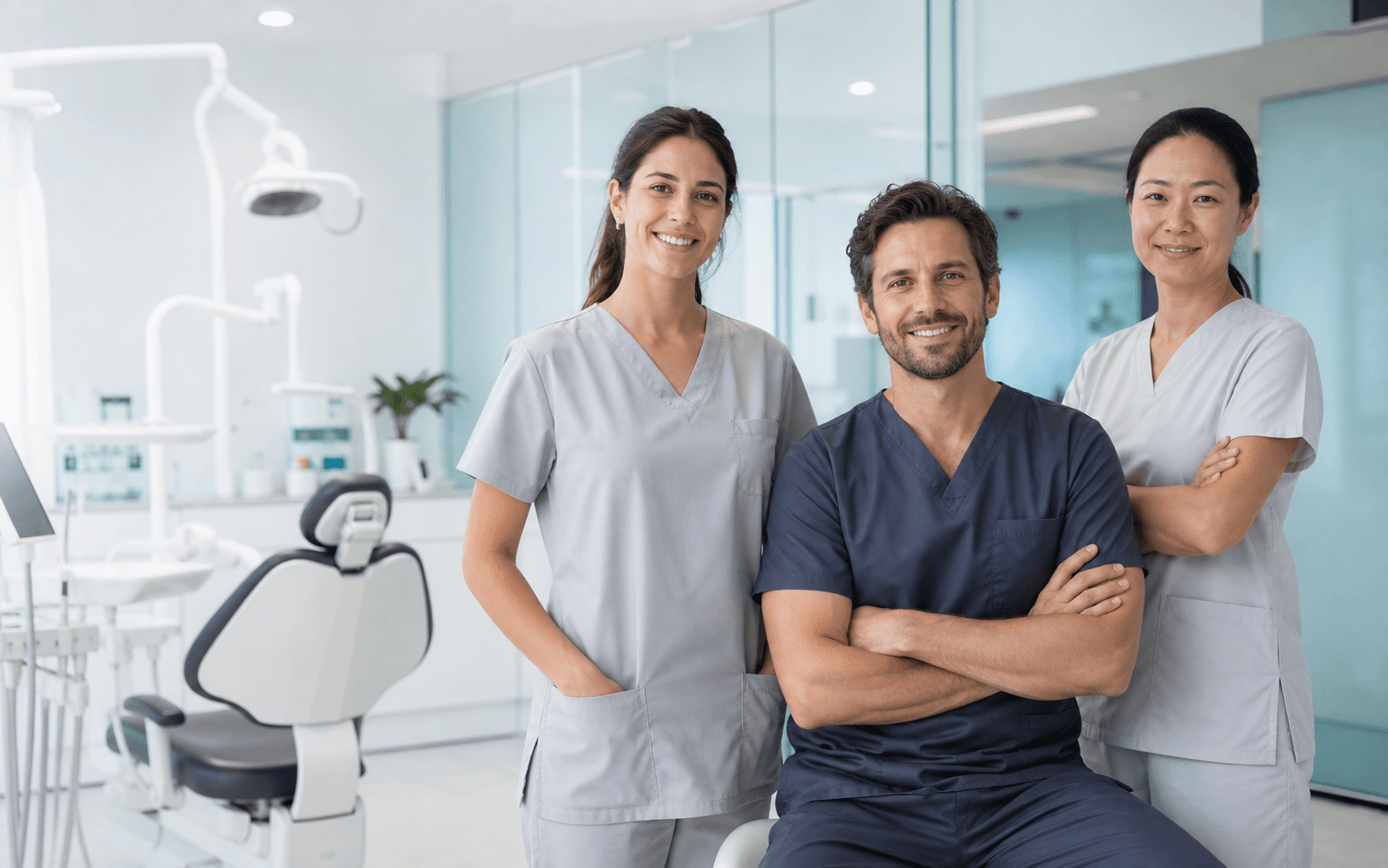 A fictional NovaDent dental team in a bright modern treatment room